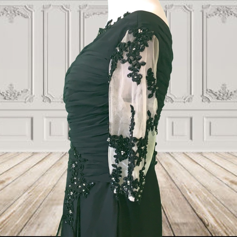 NWTs Adas Bridal Black 3/4 Sleeve Long Beaded Gown - Picture 5 of 9
